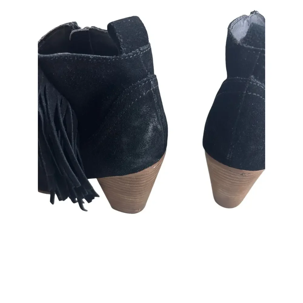 Steve Madden Cian Black Suede Fringe Ankle Boots 8M Western Boho Stacked Heel